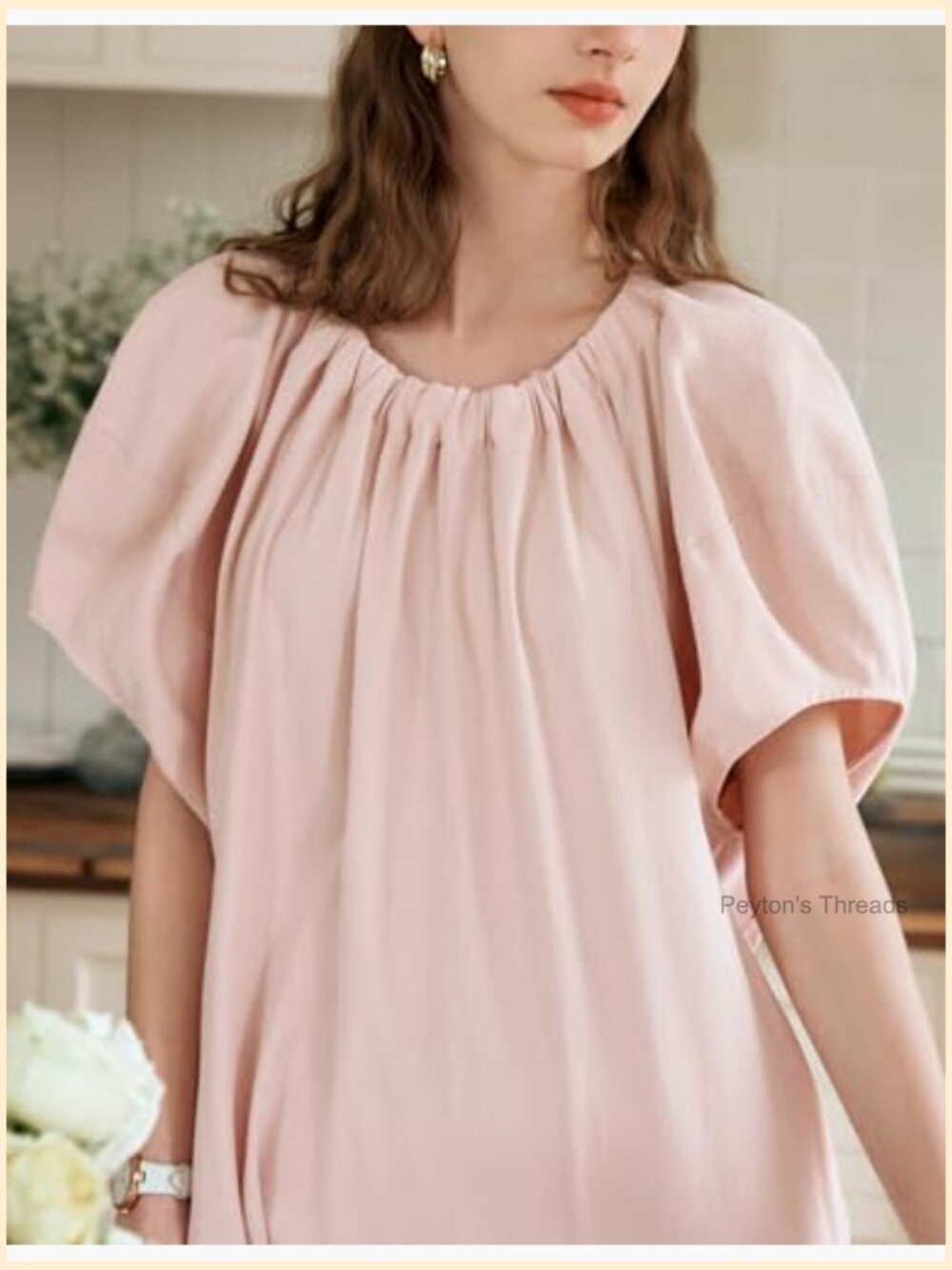 Puff Sleeve Loose Maxi Dress, Elastic Crew Neck, Pleated Casual Midi Dress - Picture 4 of 7